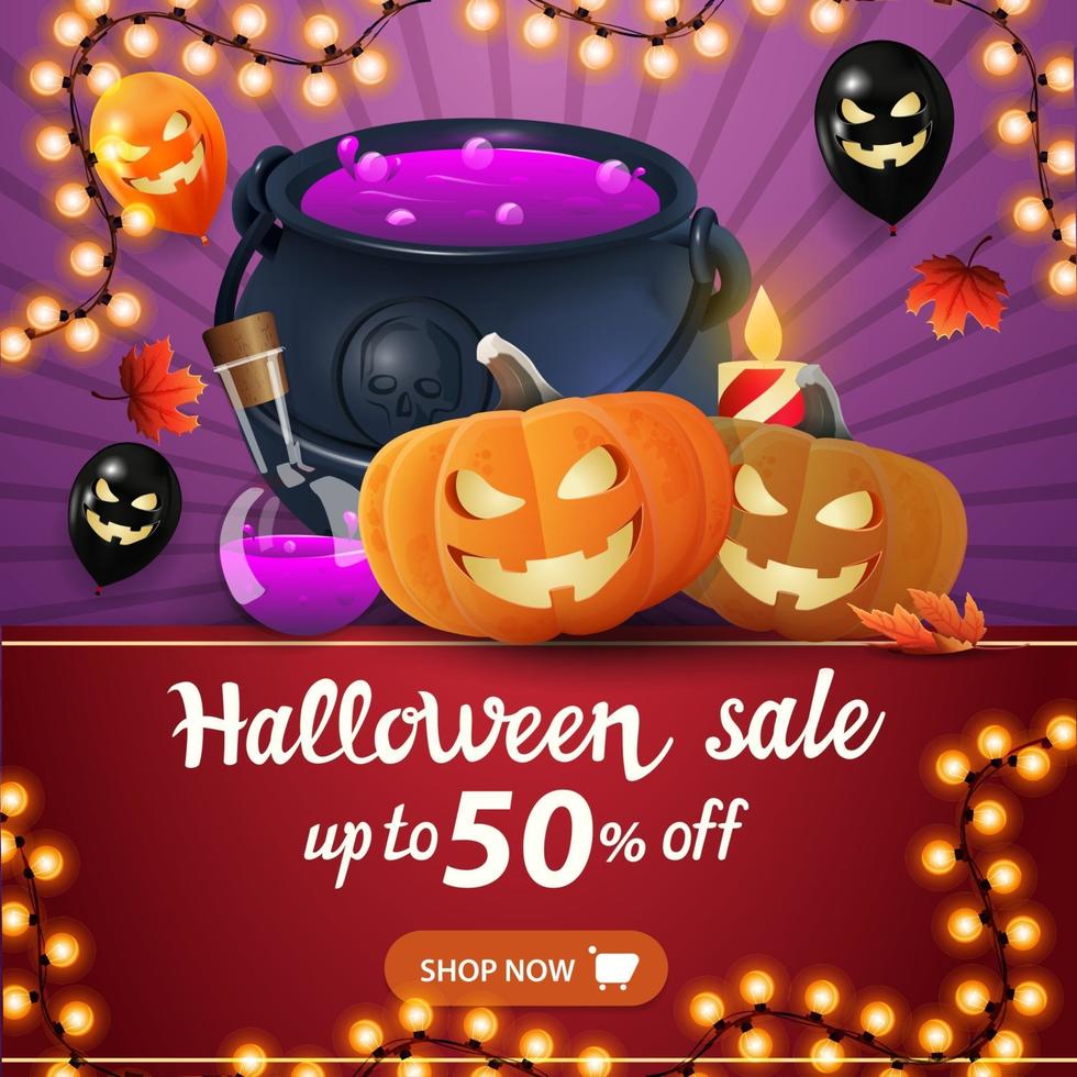 Halloween sale, up to 50 off, square discount purple banner with witch's cauldron and pumpkin Jack vector