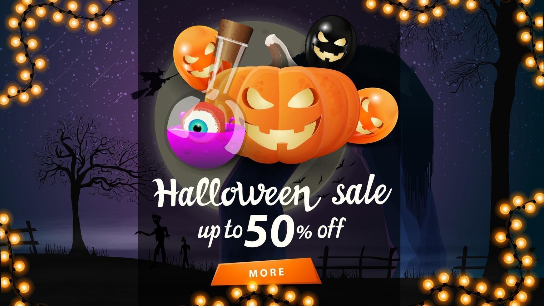 venta de halloween, hasta 50 de descuento, banner con paisaje de halloween en el fondo, gato de calabaza y globos de halloween vector