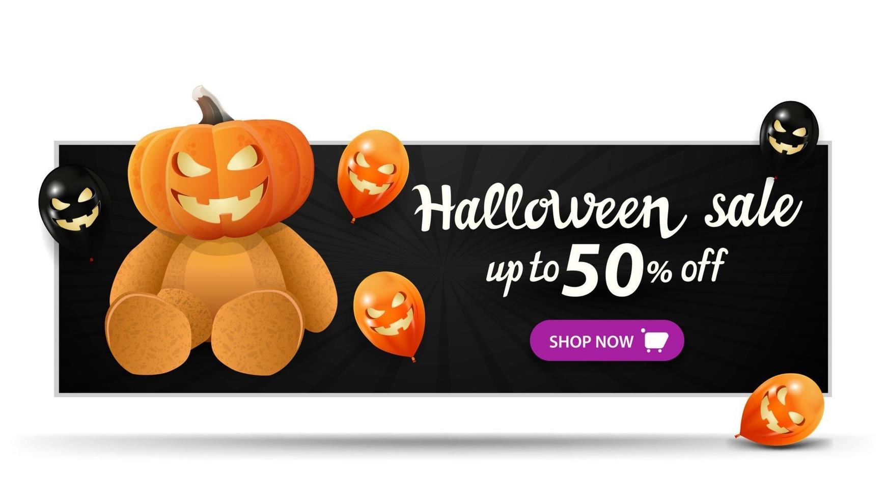 venta de halloween, hasta 50 de descuento, banner horizontal de descuento negro con globos de halloween y osito de peluche con cabeza de calabaza vector