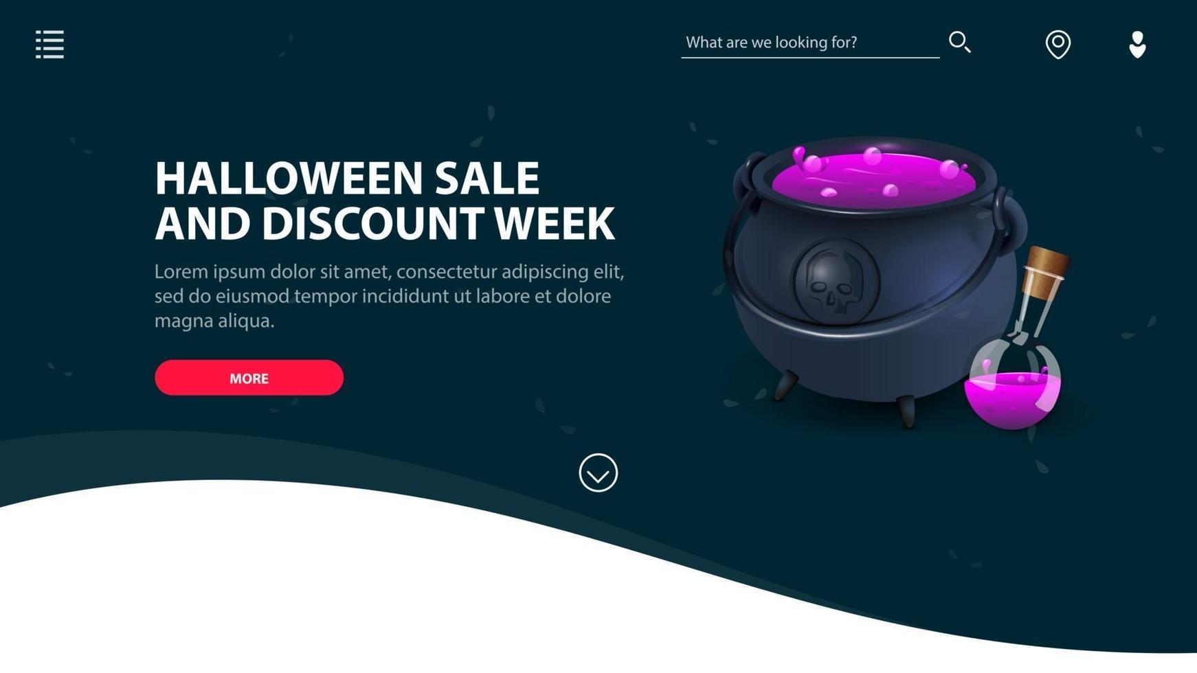 venta de halloween y semana de descuentos, banner web verde con caldero de brujas con poción vector