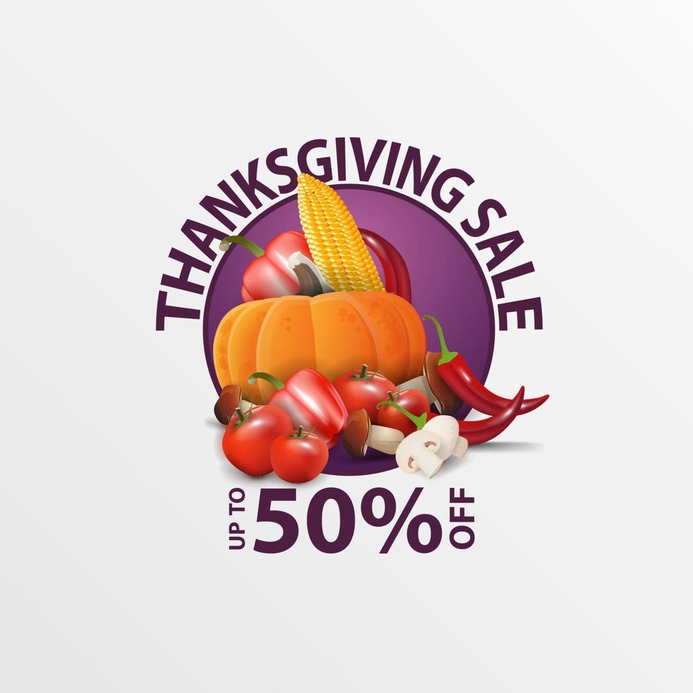 Thanksgiving sale, up to 50 off, round web banner with autumn harvest. Discount coupon isolated on white background for your arts vector