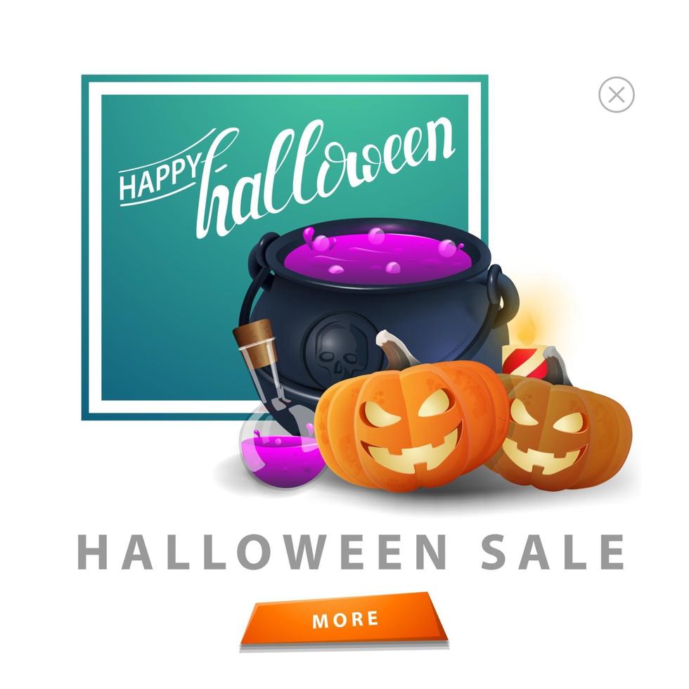 venta de halloween, banner de descuento cuadrado blanco con caldero de bruja y calabaza vector
