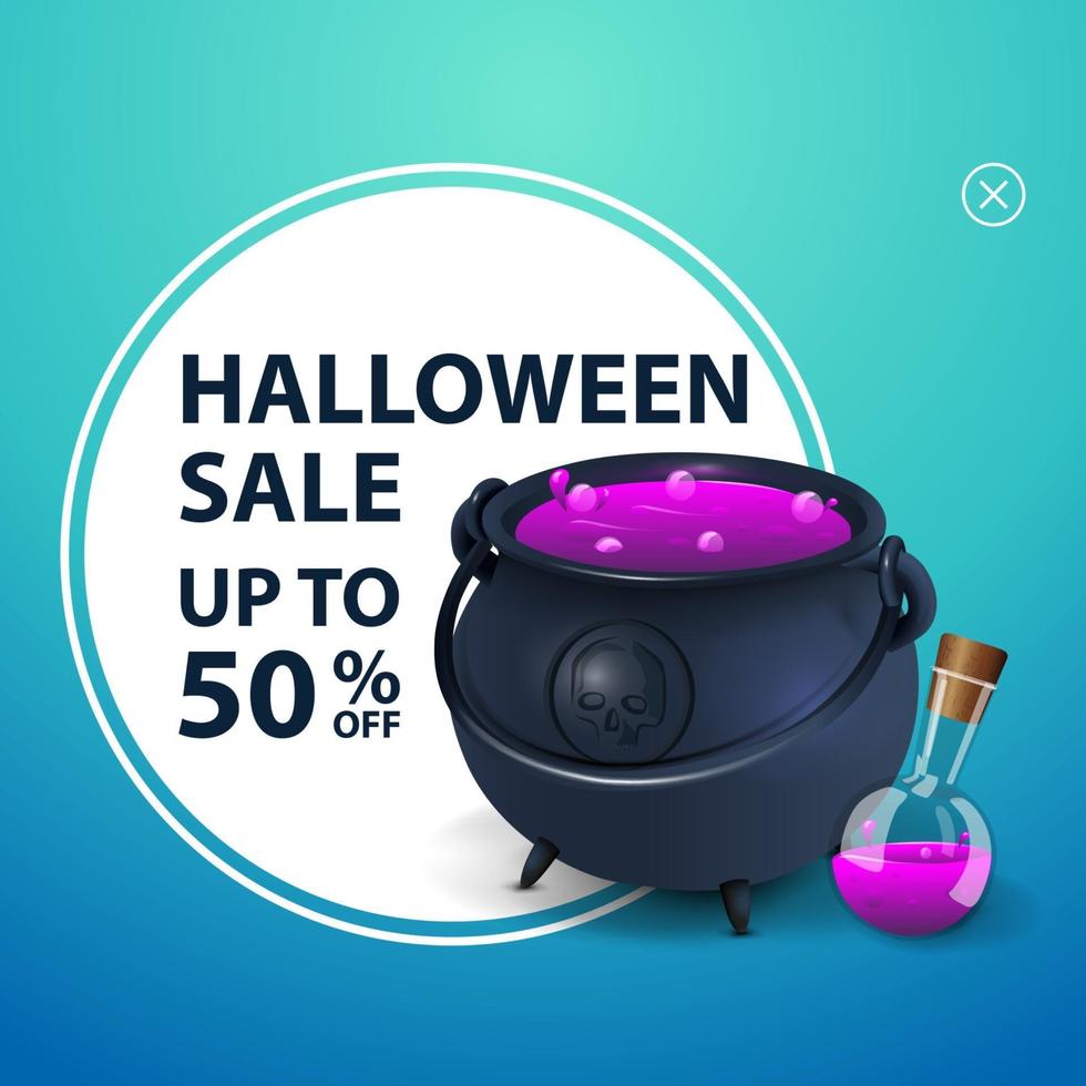 Halloween sale, up to 50 off, square discount banner with witch's cauldron with potion vector