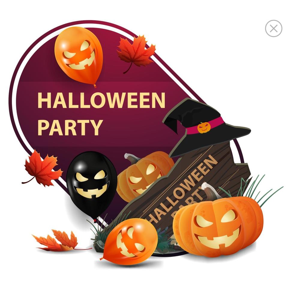 fiesta de halloween, cartel de invitación cuadrado blanco con globos de halloween, hojas de otoño, cartel de madera, sombrero de bruja y gato de calabaza vector