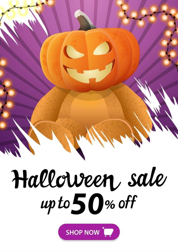 venta de halloween, hasta 50 de descuento, banner web vertical púrpura con osito de peluche con cabeza de calabaza jack vector