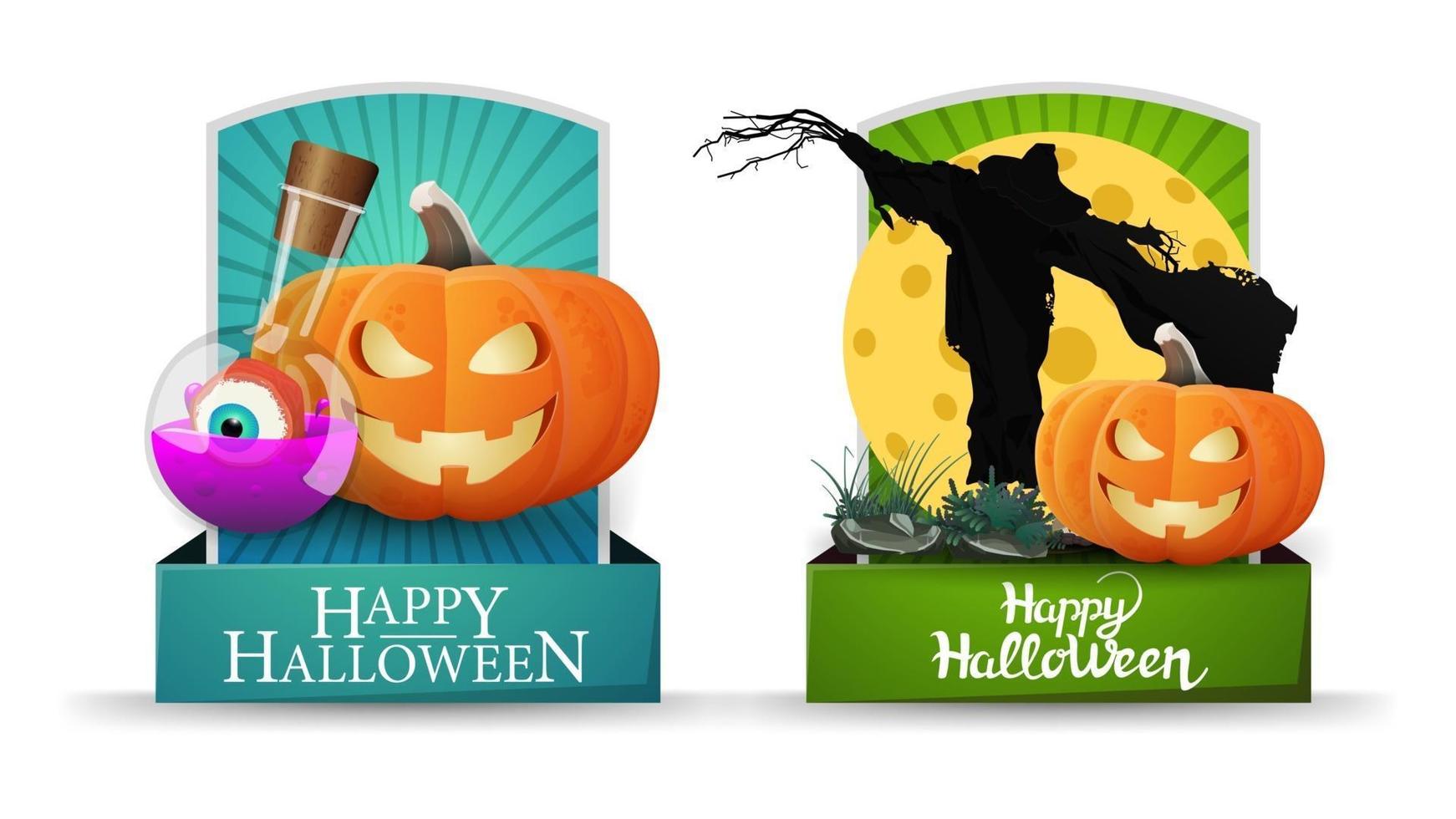 Happy Halloween, two greetings vertical cards with pumpkin Jack, witch's potion and Scarecrow. Blue and green greeting cards vector