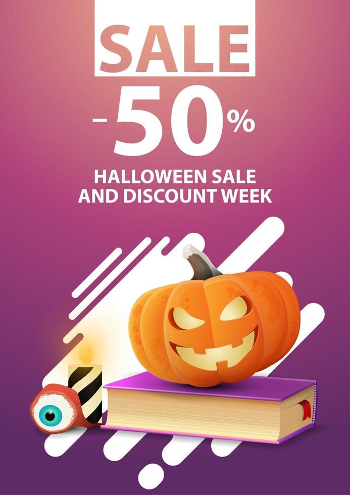 Halloween sale and discount week, up to 50 off, pink vertical web banner with spell book and pumpkin Jack vector
