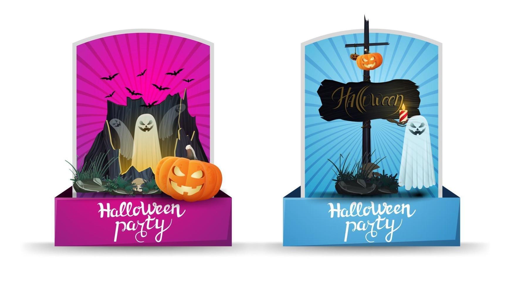 fiesta de halloween, dos tarjetas verticales de invitación con portal con fantasmas, gato de calabaza y cartel de madera antiguo con gato de calabaza adjunto. tarjetas de invitación rosadas y azules vector