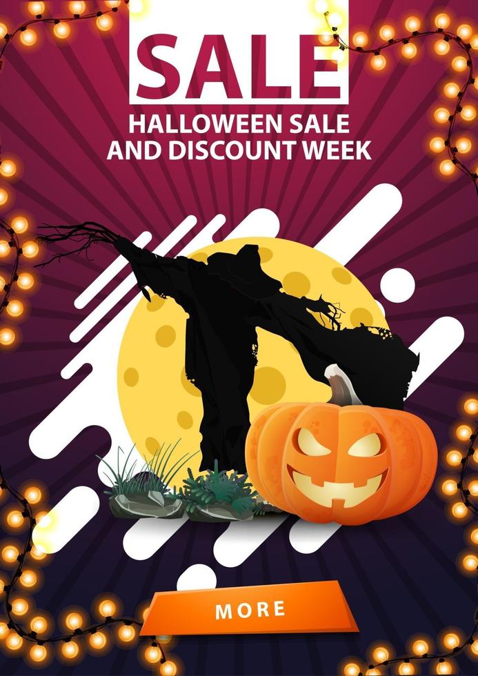 Halloween sale and discount week, pink vertical web banner with pbutton, garland, Scarecrow and pumpkin Jack against the moon vector