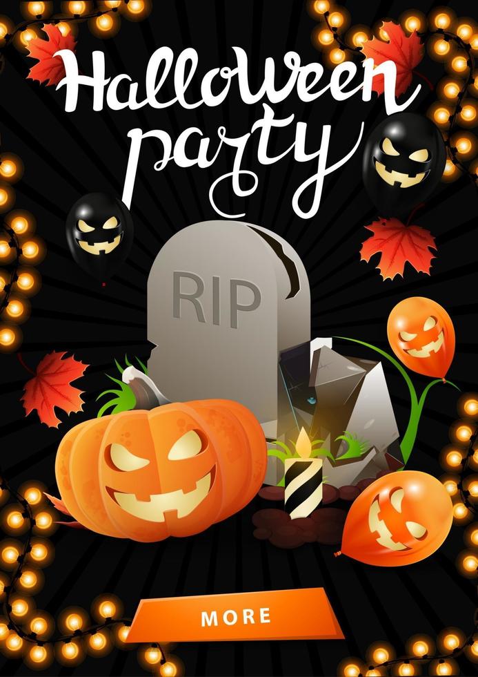 Halloween party, invitation black poster with Halloween balloons, autumn leafs, garland, button, tombstone and pumpkin Jack vector