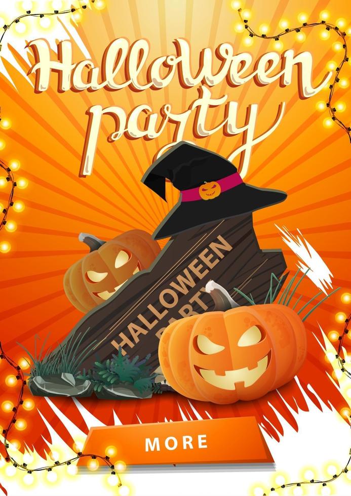fiesta de halloween, cartel de invitación naranja con guirnalda, botón, cartel de madera, sombrero de bruja y gato de calabaza vector
