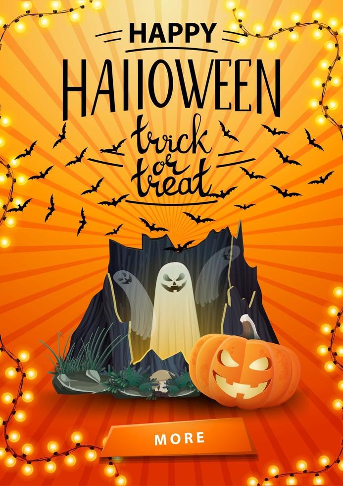 Happy Halloween, trick or treat, greeting vertical orange postcard with button, portal with ghosts and pumpkin Jack vector