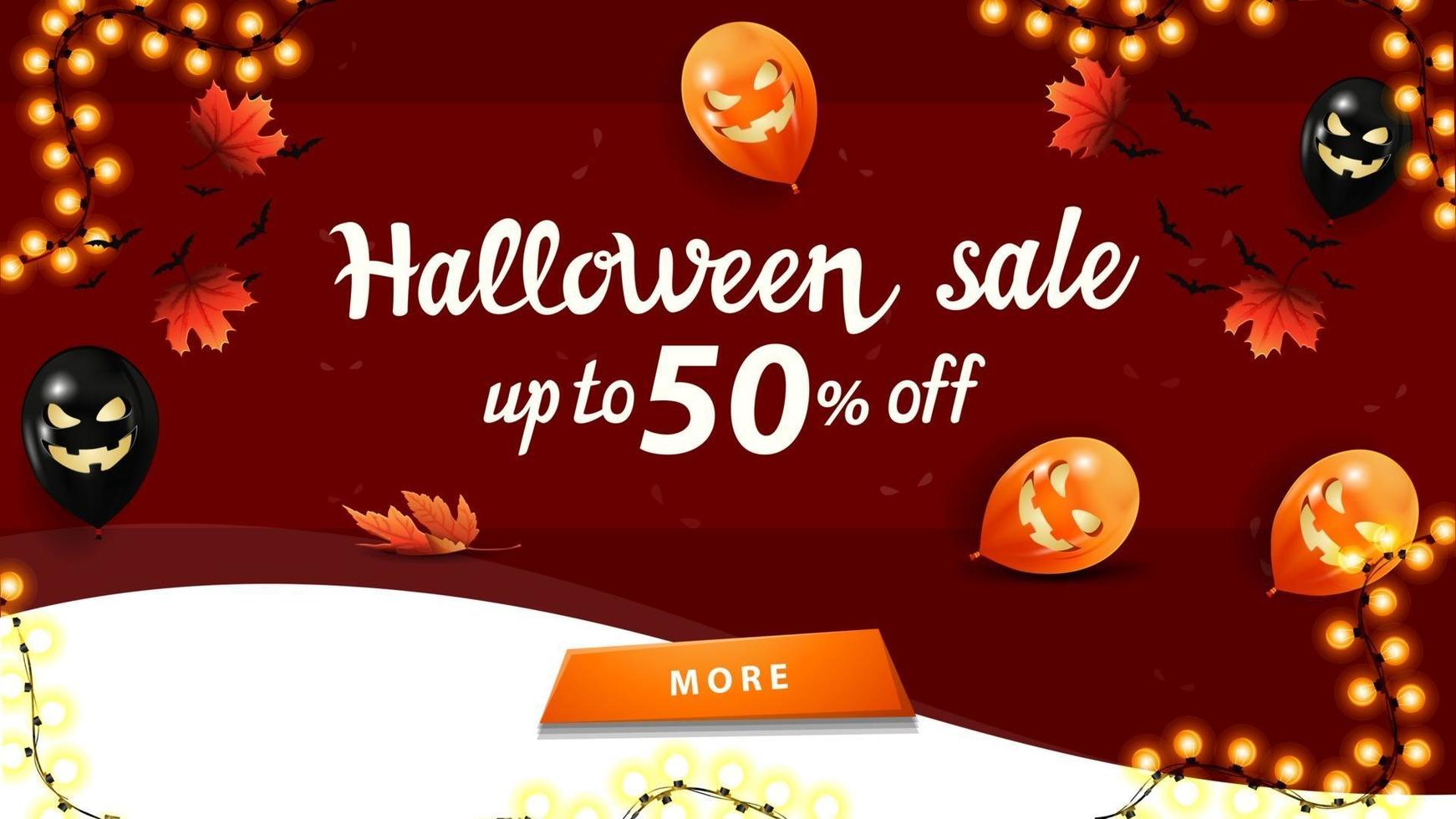 Halloween sale, up to 50 off, red web banner with Halloween balloons, garland and autumn leafs vector