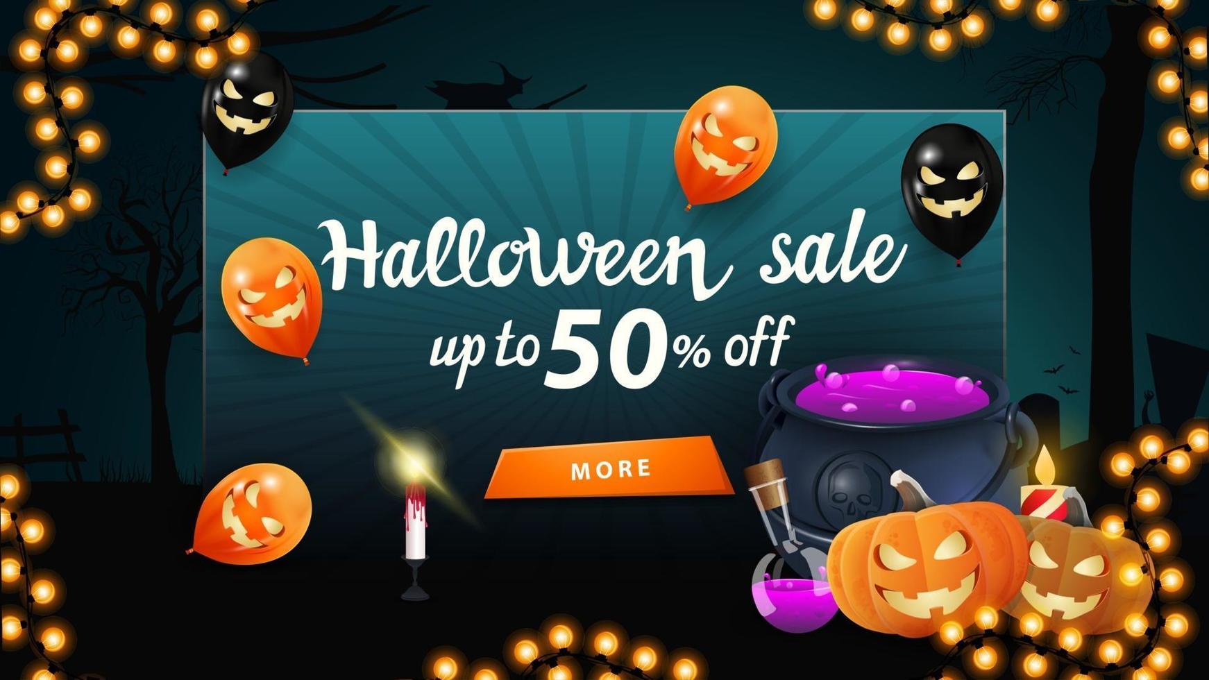 Halloween sale, up to 50 off, horizontal discount banner with beautiful night landscape, Halloween balloons, witch's cauldron and pumpkin Jack vector