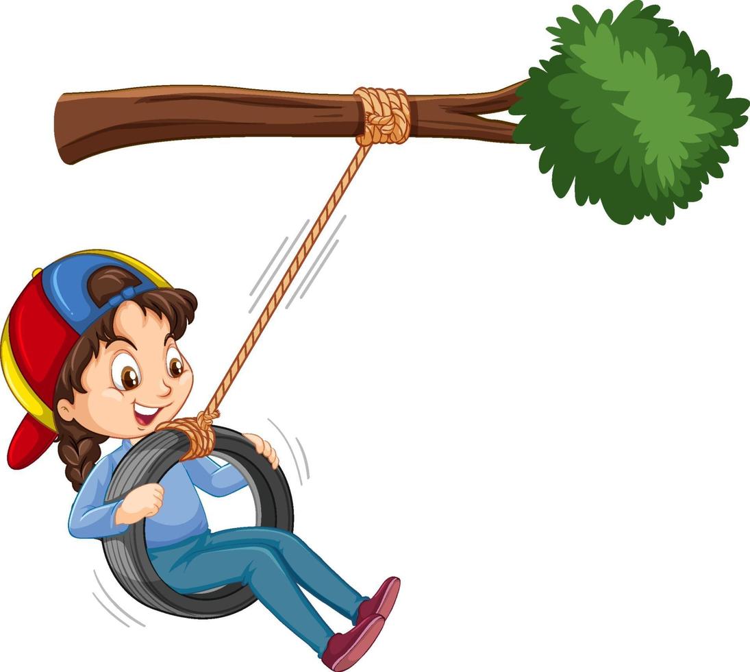Girl playing tire swing under the branch on white background vector