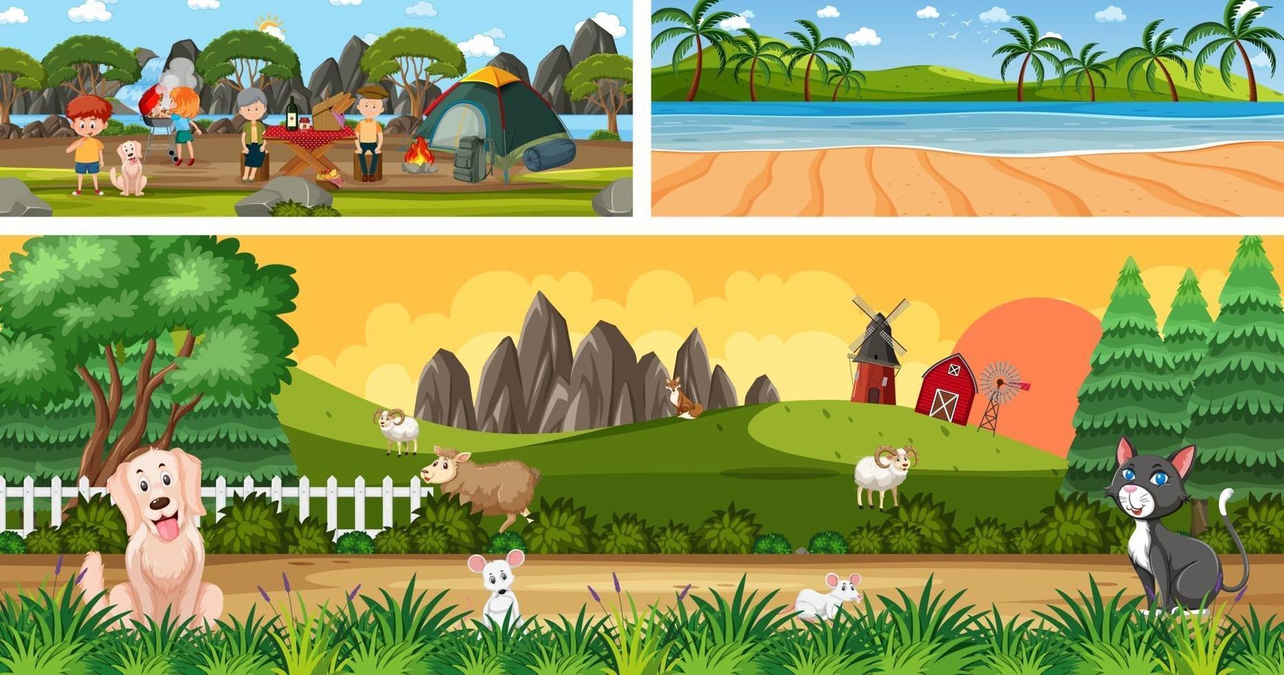 Set of different outdoor landscape scenes with cartoon character vector