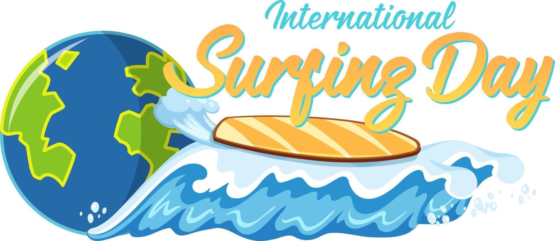 International Surfing Day font with surfboard on beach wave isolated vector