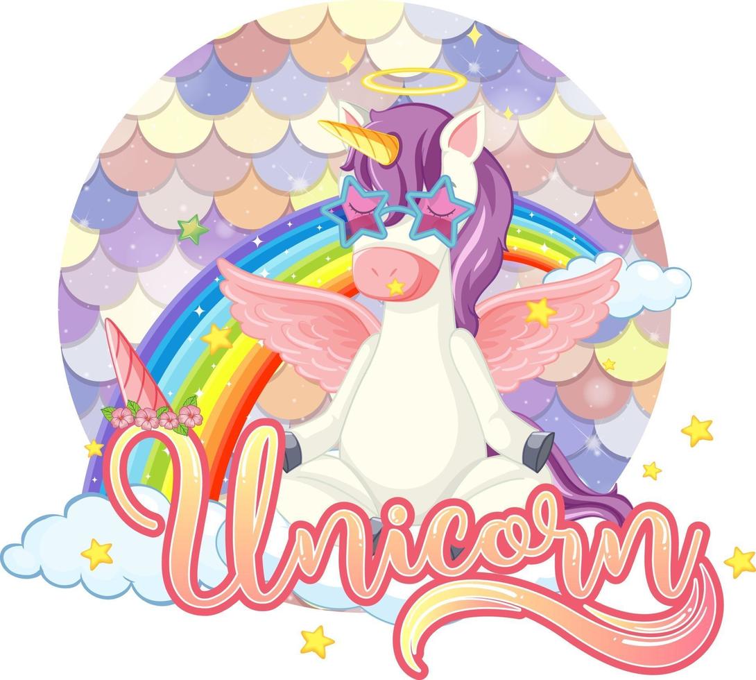 personaje de dibujos animados de unicornio sobre fondo de escamas pastel aislado vector