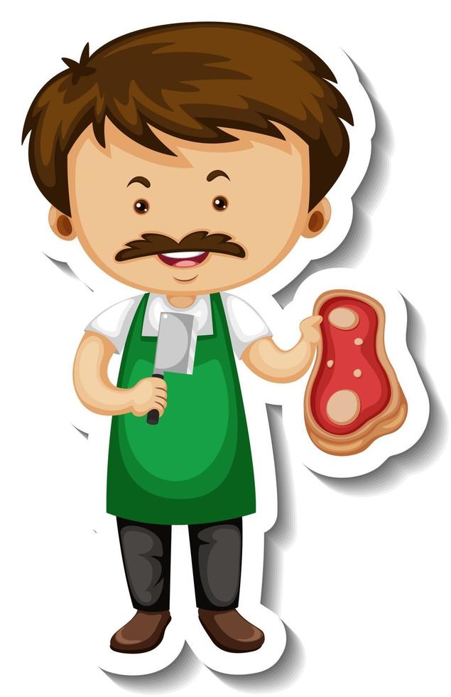 Sticker template with a meat seller man cartoon character isolated vector