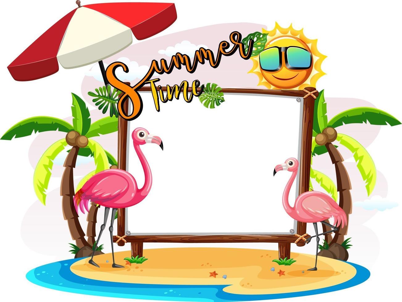 Empty banner board with flamingo on the beach isolated vector