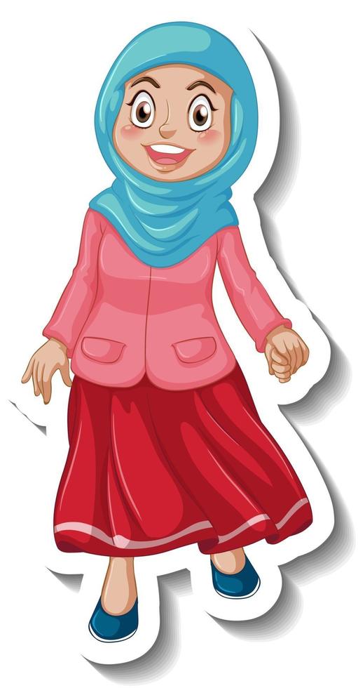 una plantilla de pegatina con personaje de dibujos animados de mujer musulmana vector