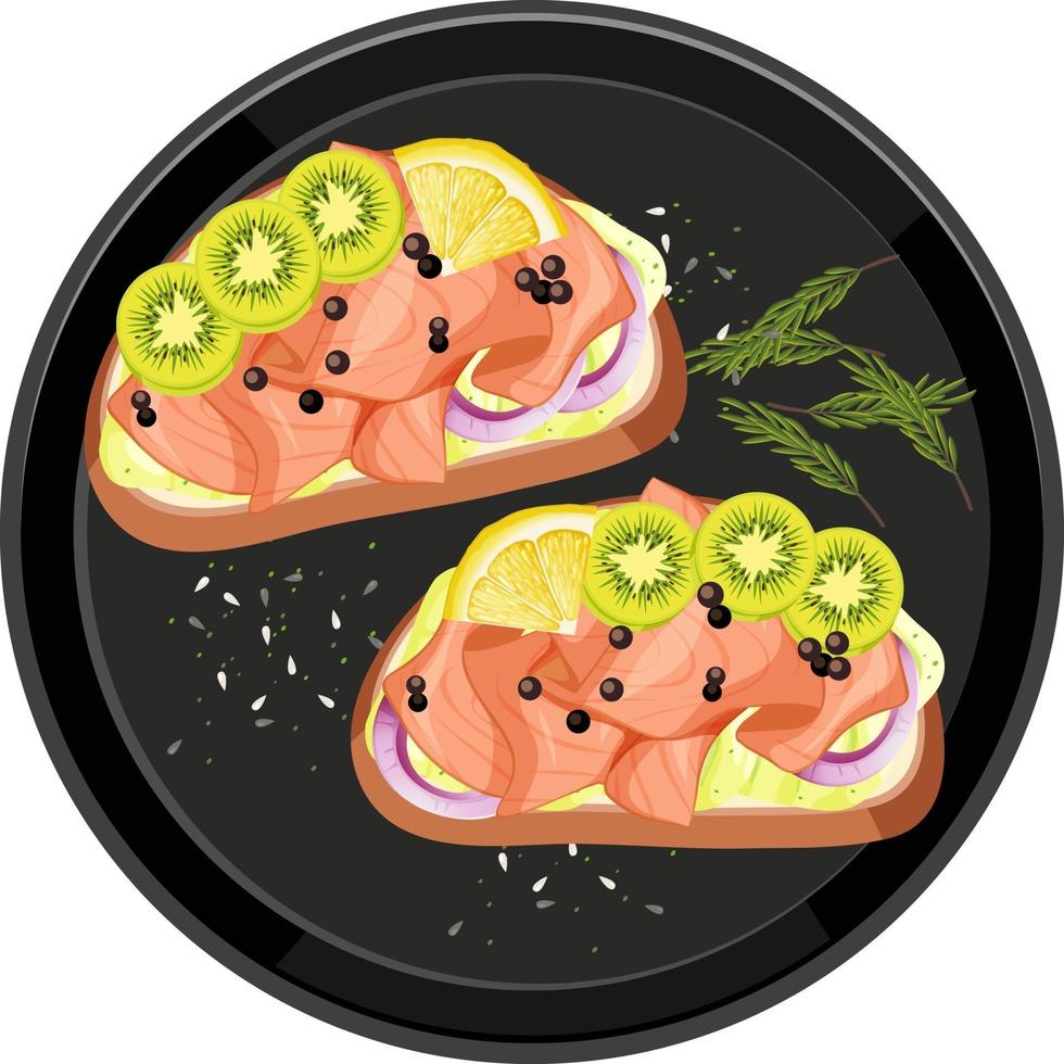 Smoked salmon bruschetta with kiwi topping on a round plate isolated vector
