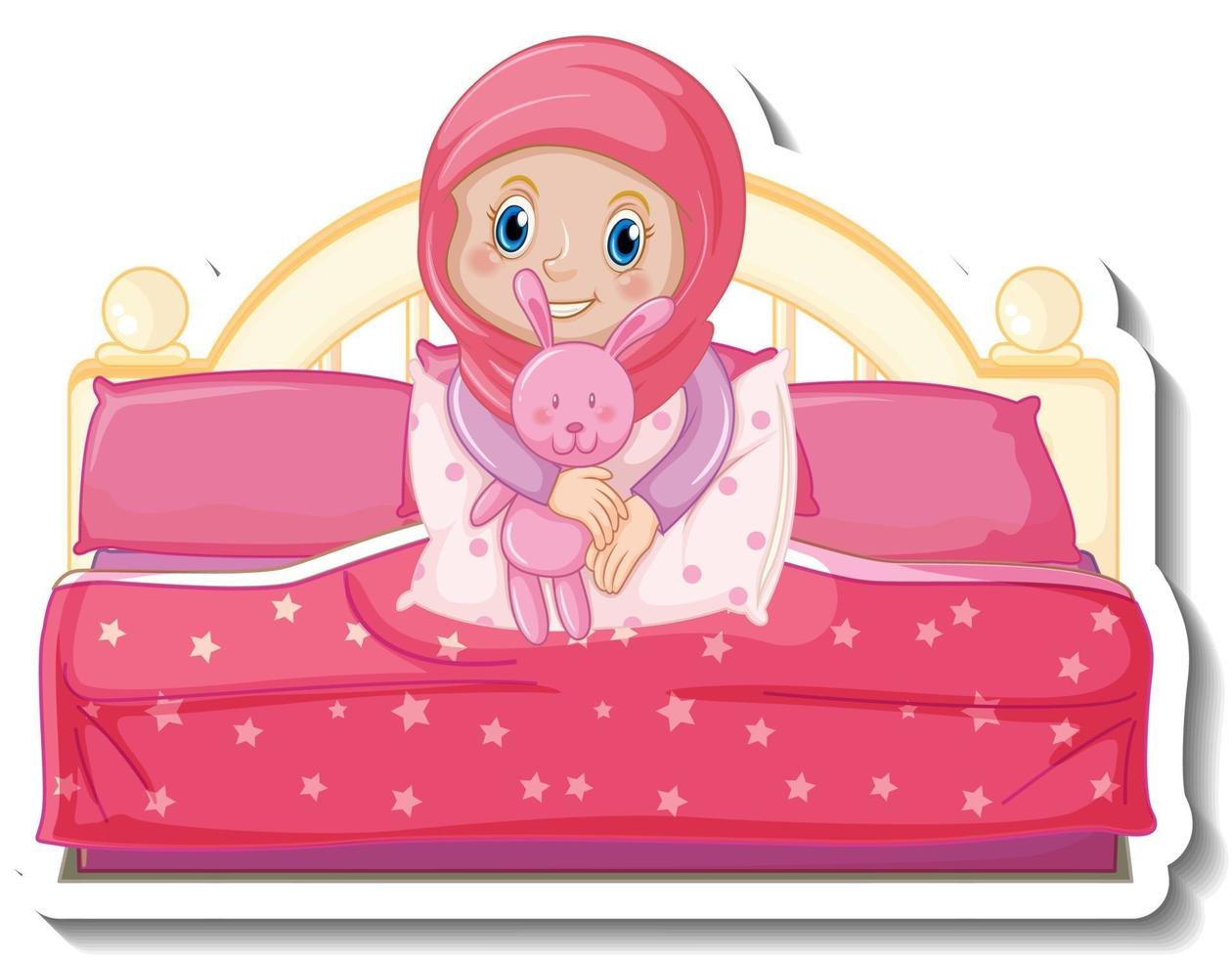 A sticker template with muslim girl sitting on the bed vector