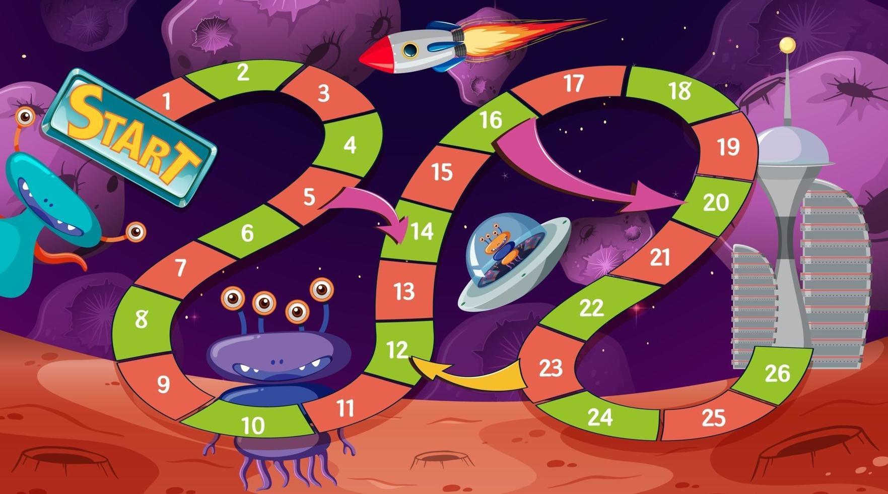 Snake and ladders game template with space theme vector