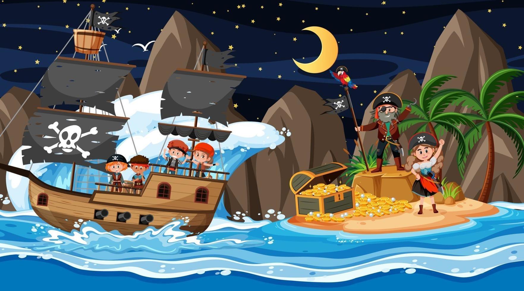 Treasure Island scene at night with Pirate kids on the ship vector