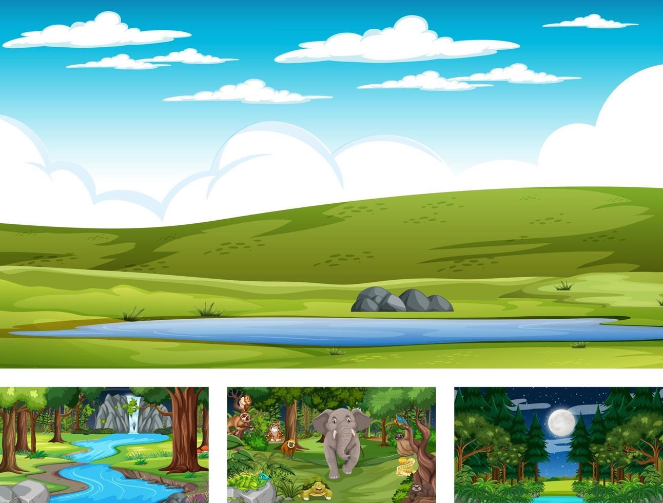 Set of different nature horizontal scene with various wild animals vector