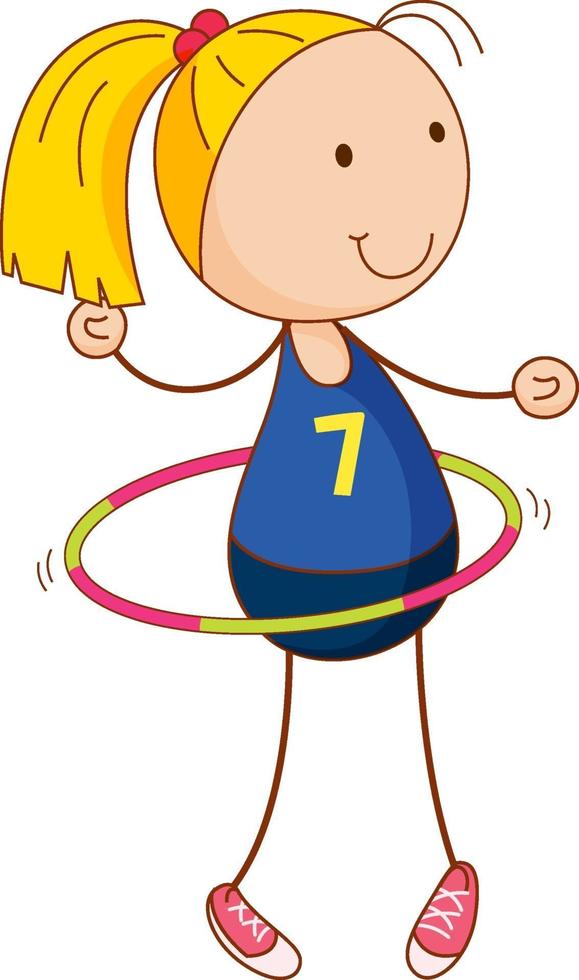 un personaje de dibujos animados de niña jugando hula hoop en estilo doodle aislado vector