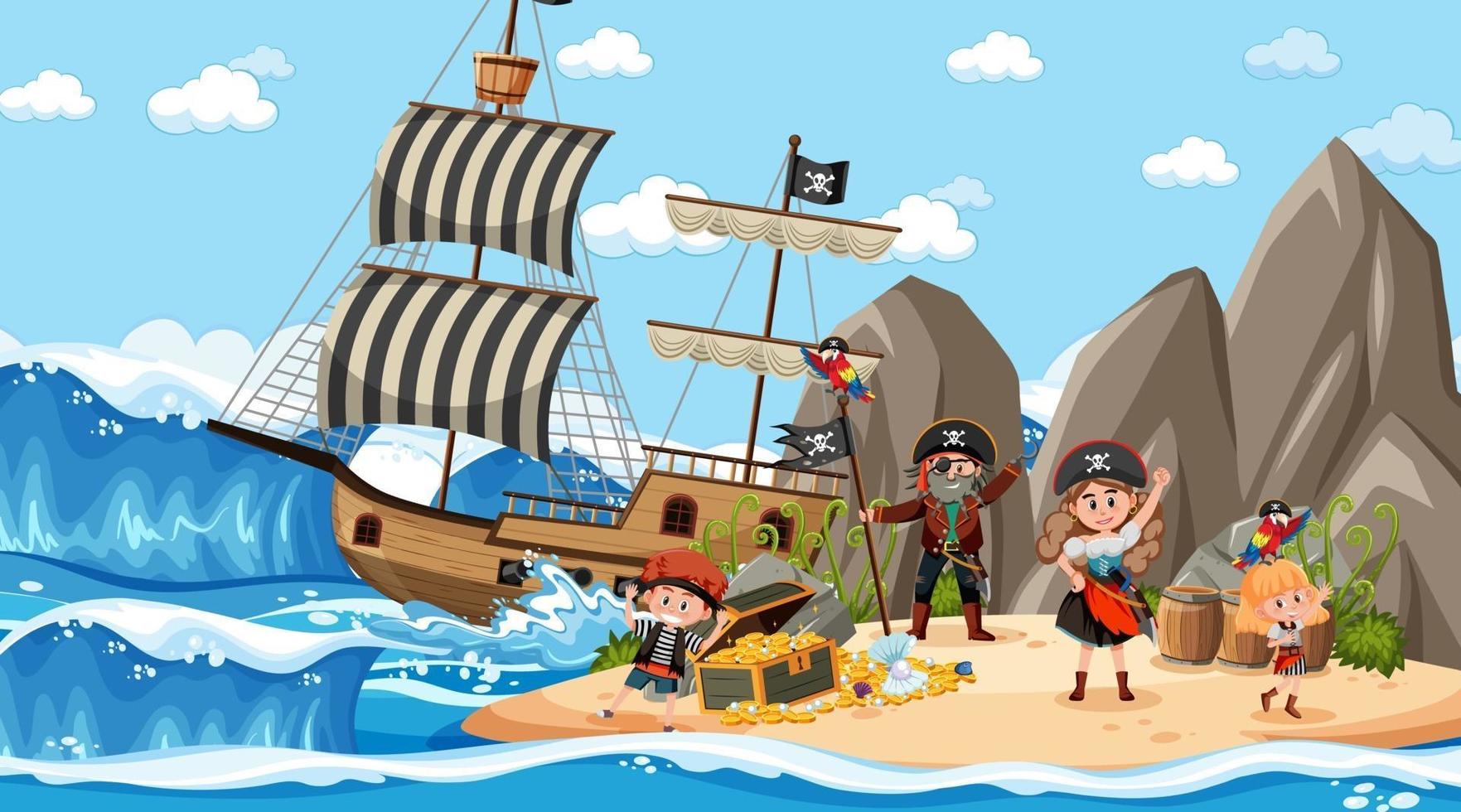 escena de la isla del tesoro durante el día con niños piratas vector