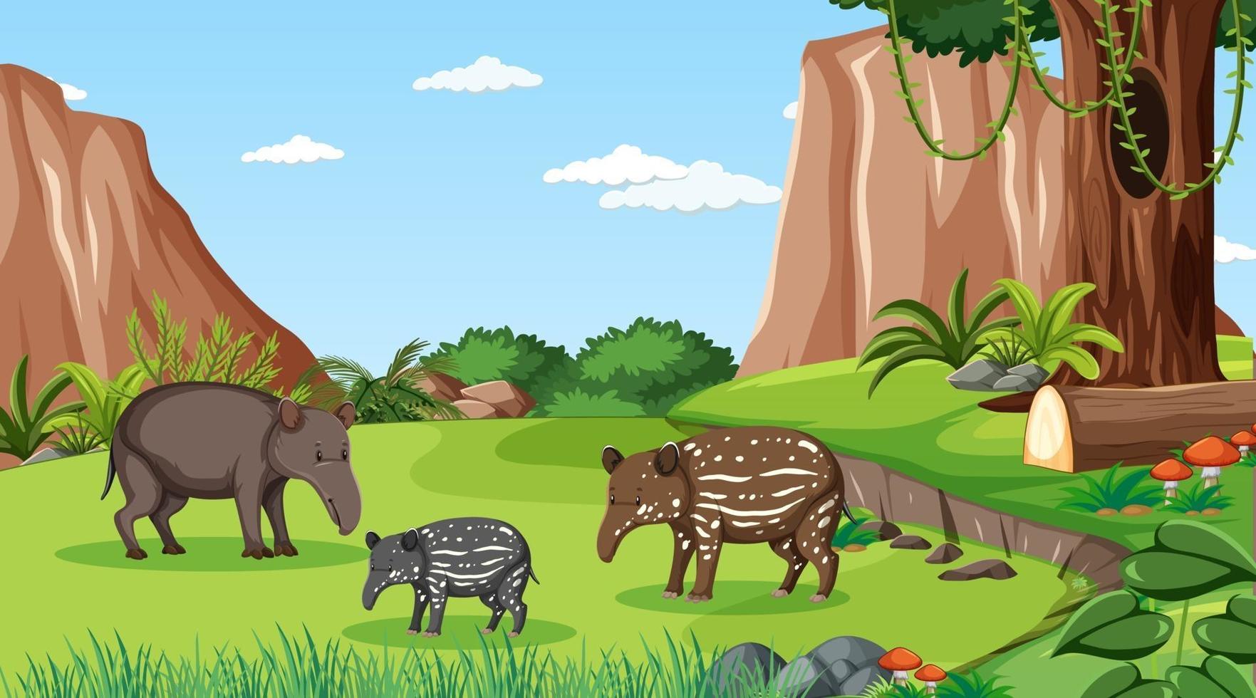 Anteaters family in forest scene with many trees vector