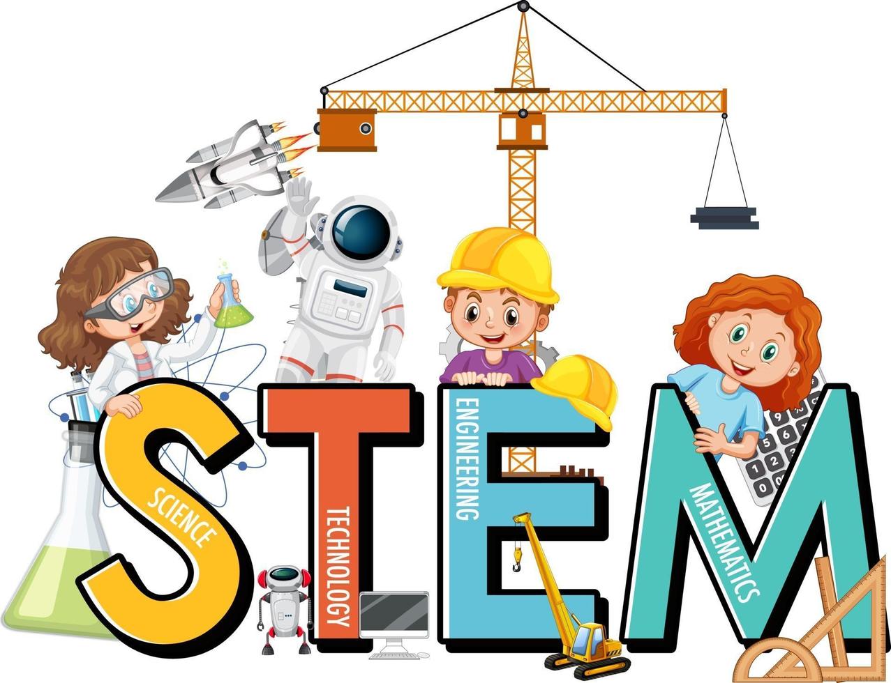 Many kids cartoon character with STEM education font vector