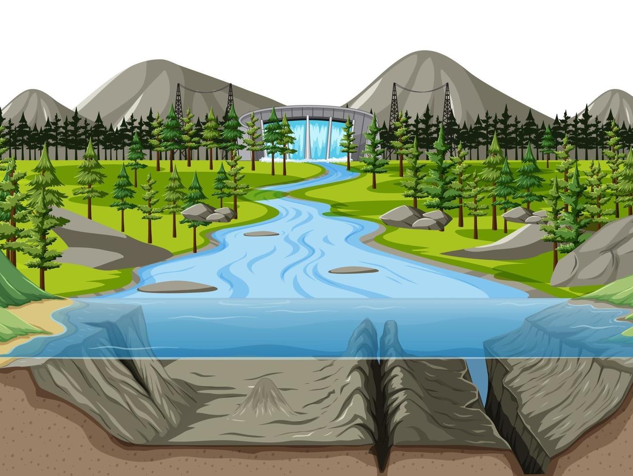 paisaje de escena de la naturaleza con fondo de lago y presa bajo el agua vector