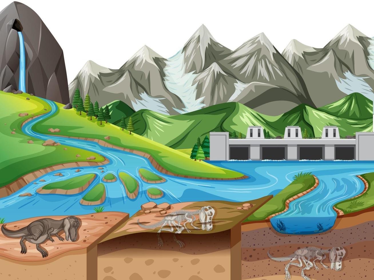 Nature landscape scene at daytime with dinosaur fossils in soil layers vector