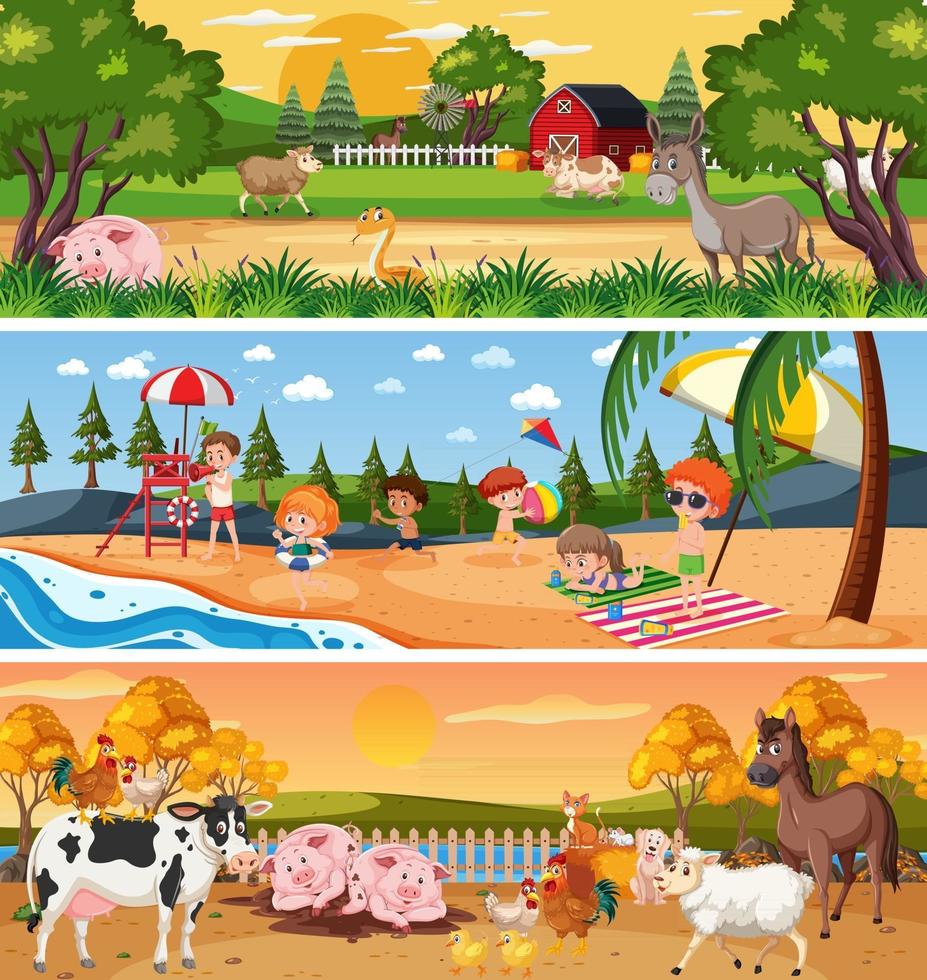 Different nature landscape at daytime scene with cartoon character vector