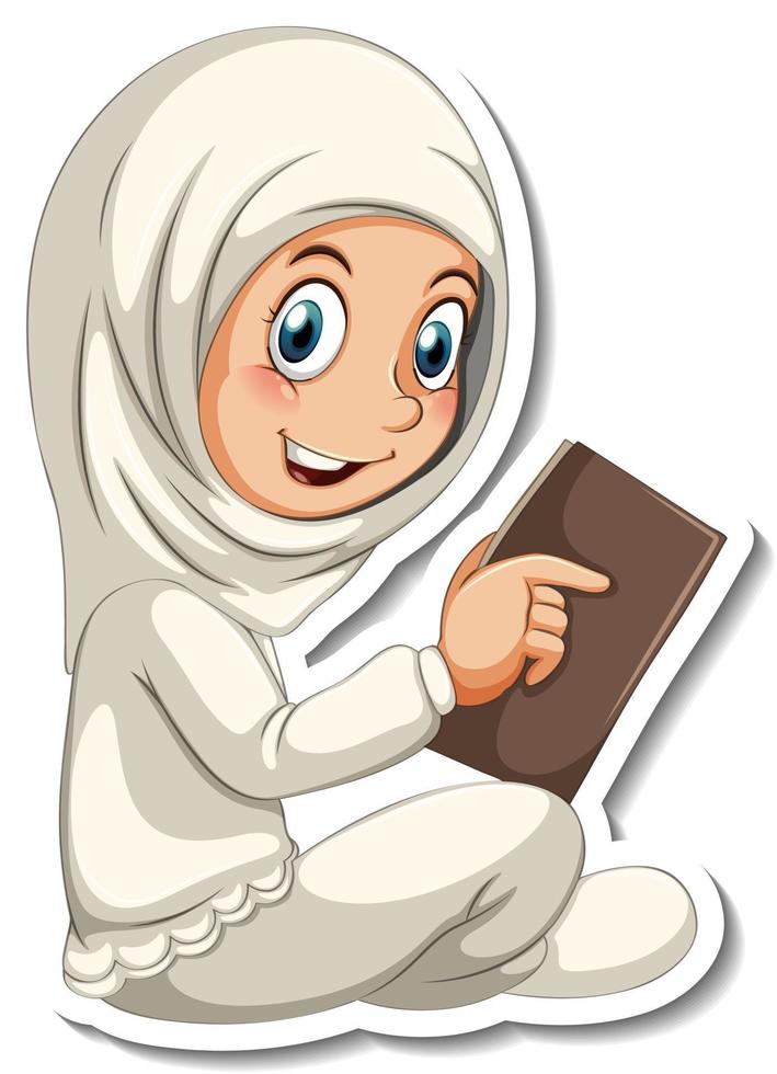 plantilla de pegatina con niña musulmana leyendo un personaje de dibujos animados de libro vector