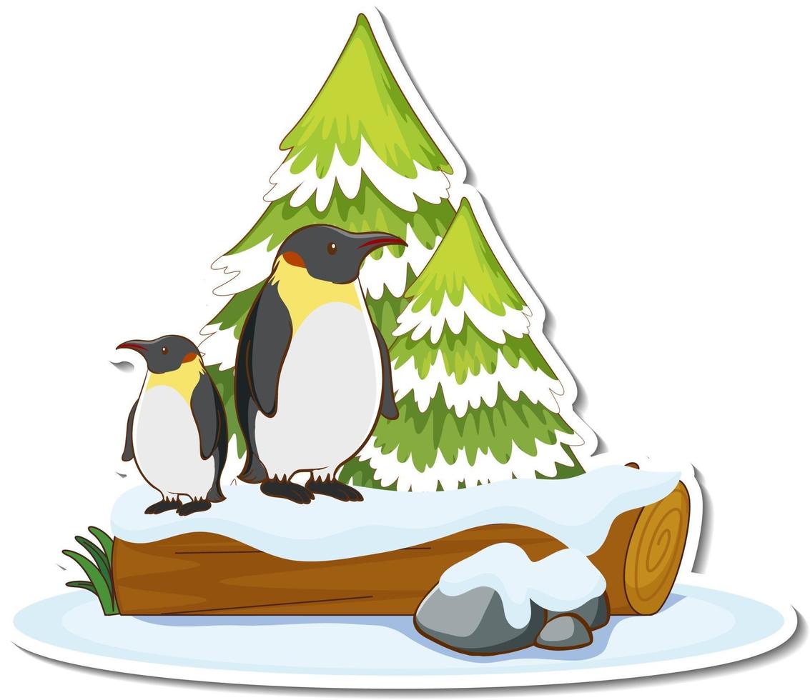 Two penguins stand by pine tree covered with snow sticker vector