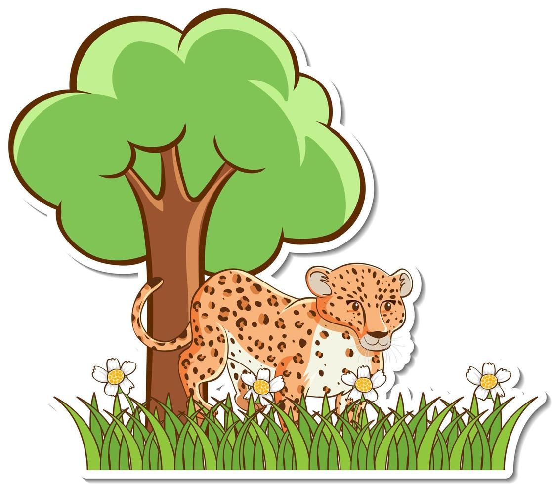 leopardo, posición, en, campo de hierba, pegatina vector