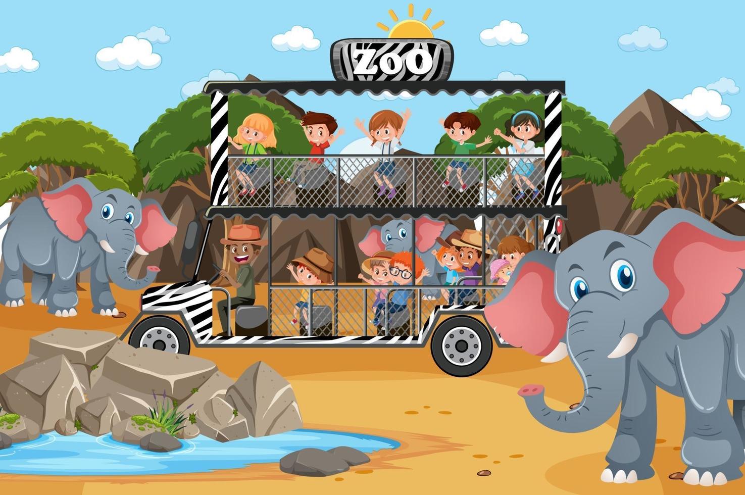 Children on tourist car watching elephant group in the zoo scene vector