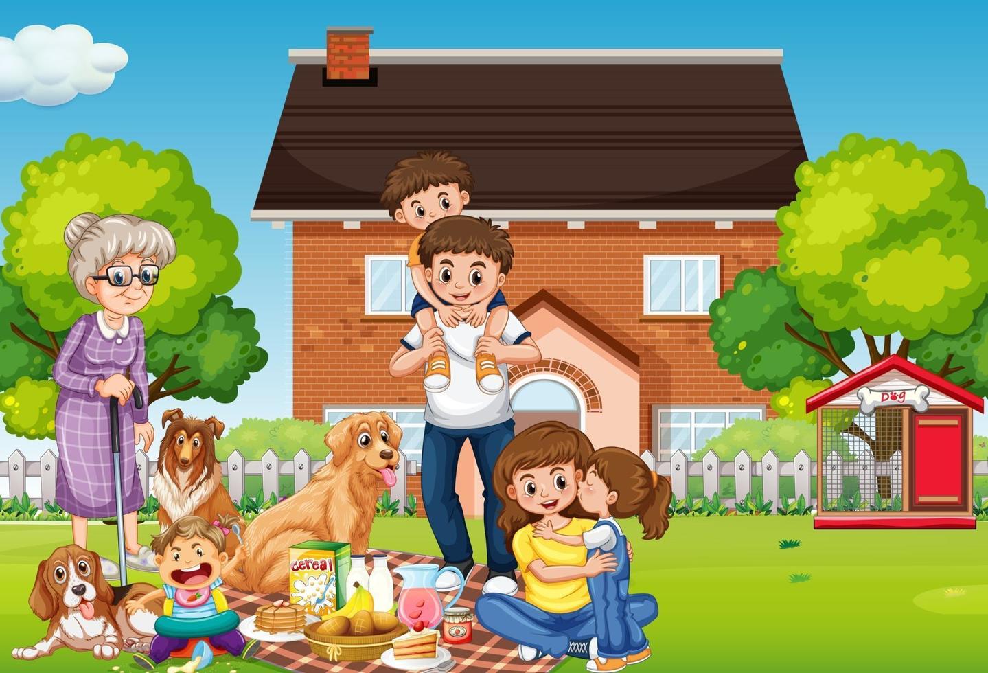 Happy family standing outside home with their pets vector