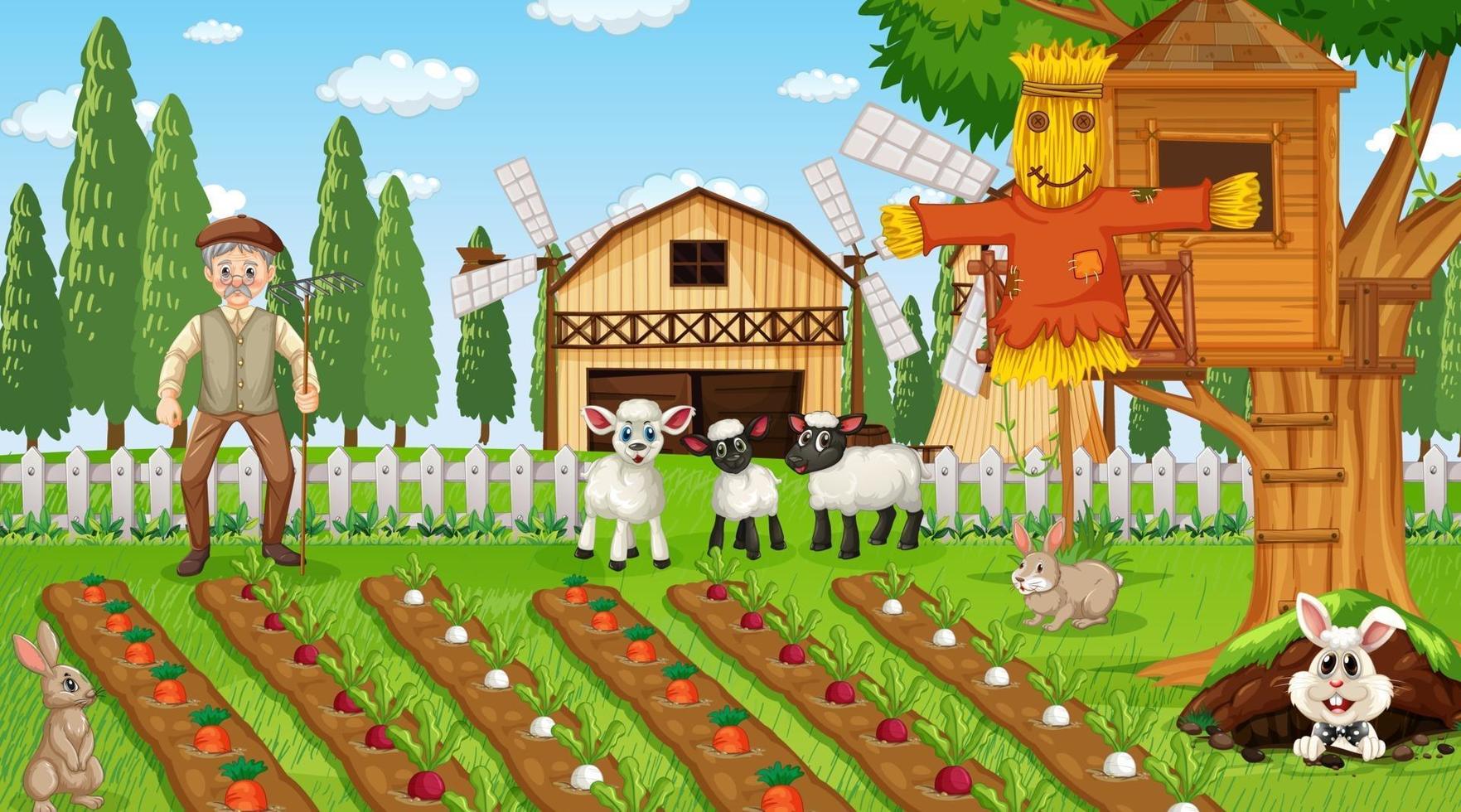 Farm scene at daytime with old farmer man and cute animals vector