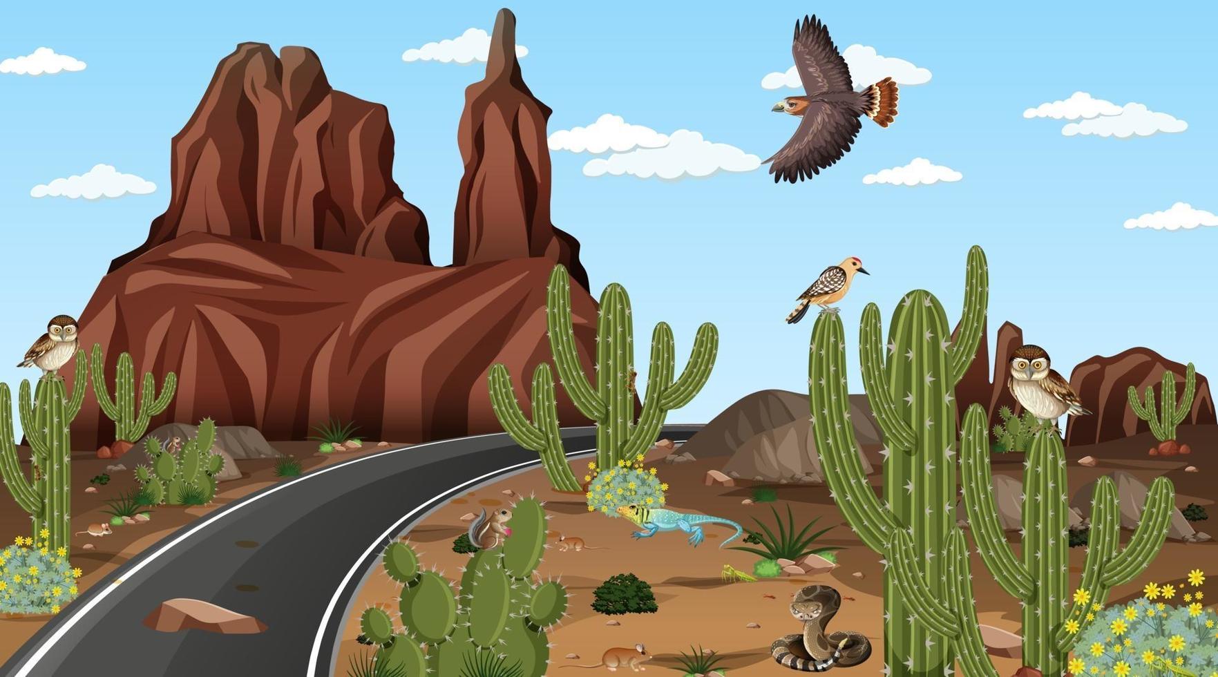 Camino a través de la escena del paisaje del bosque del desierto con animales del desierto vector