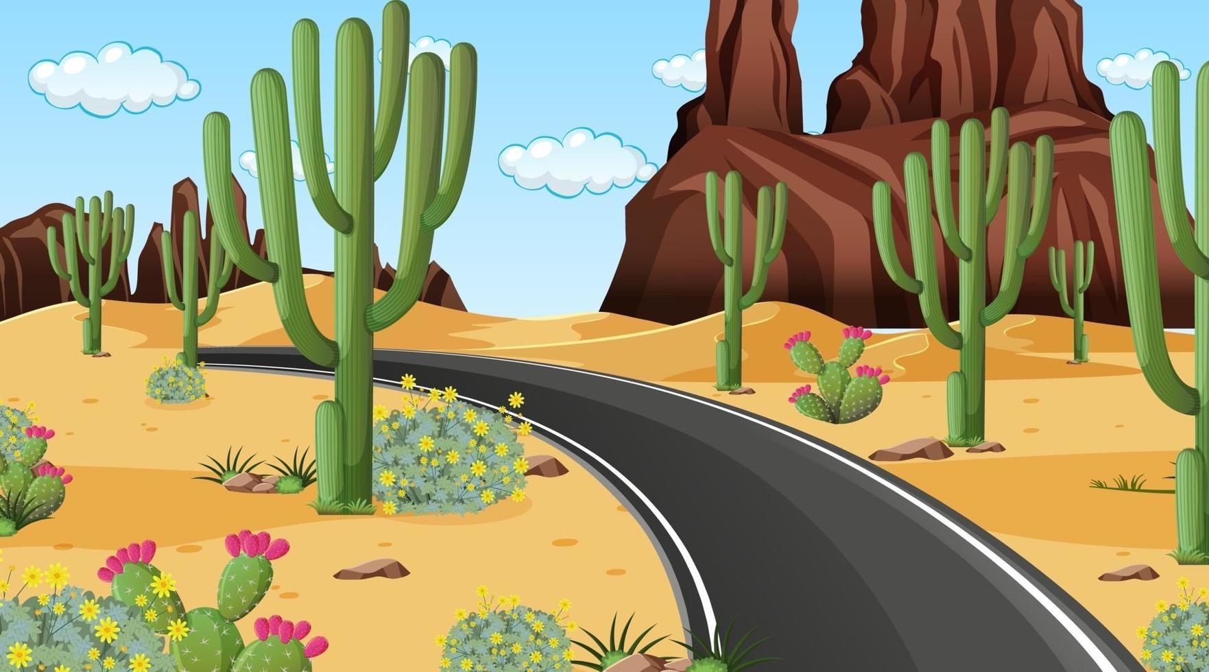 Desert forest landscape at daytime scene with long road vector