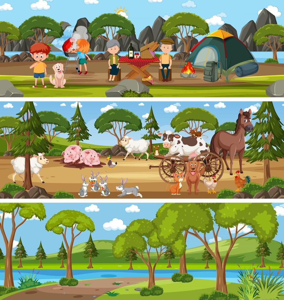 Different panoramic nature landscape set with cartoon character vector