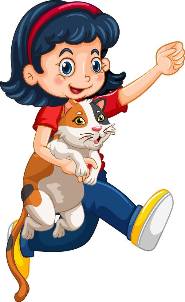 personaje de dibujos animados de niña feliz abrazando a un lindo gato vector