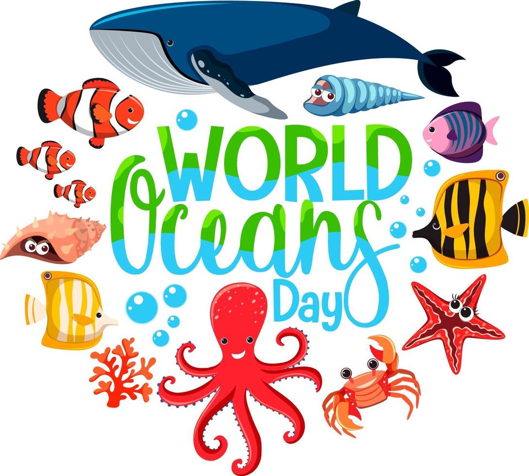 World Ocean Day banner with sea animals cartoon character on white background vector