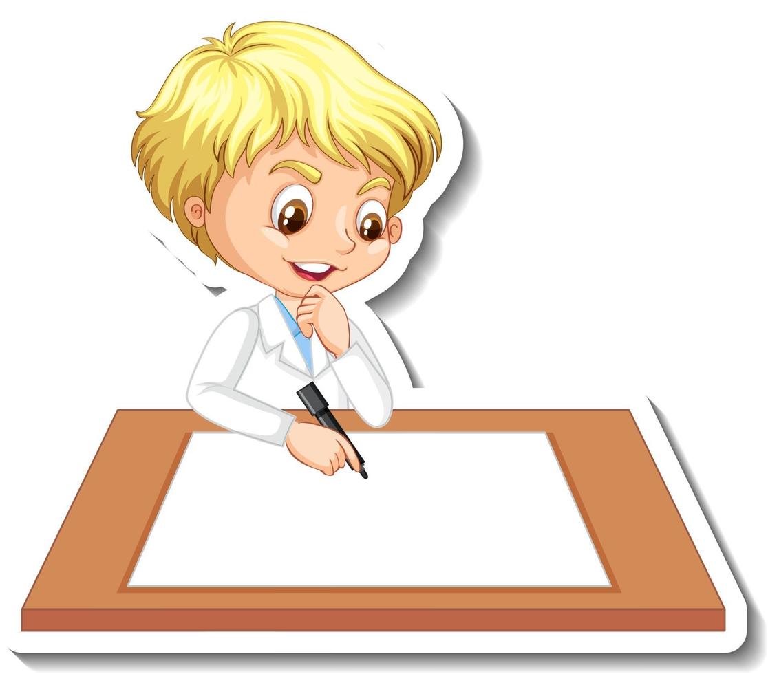 personaje de dibujos animados de niño científico con mesa en blanco vector
