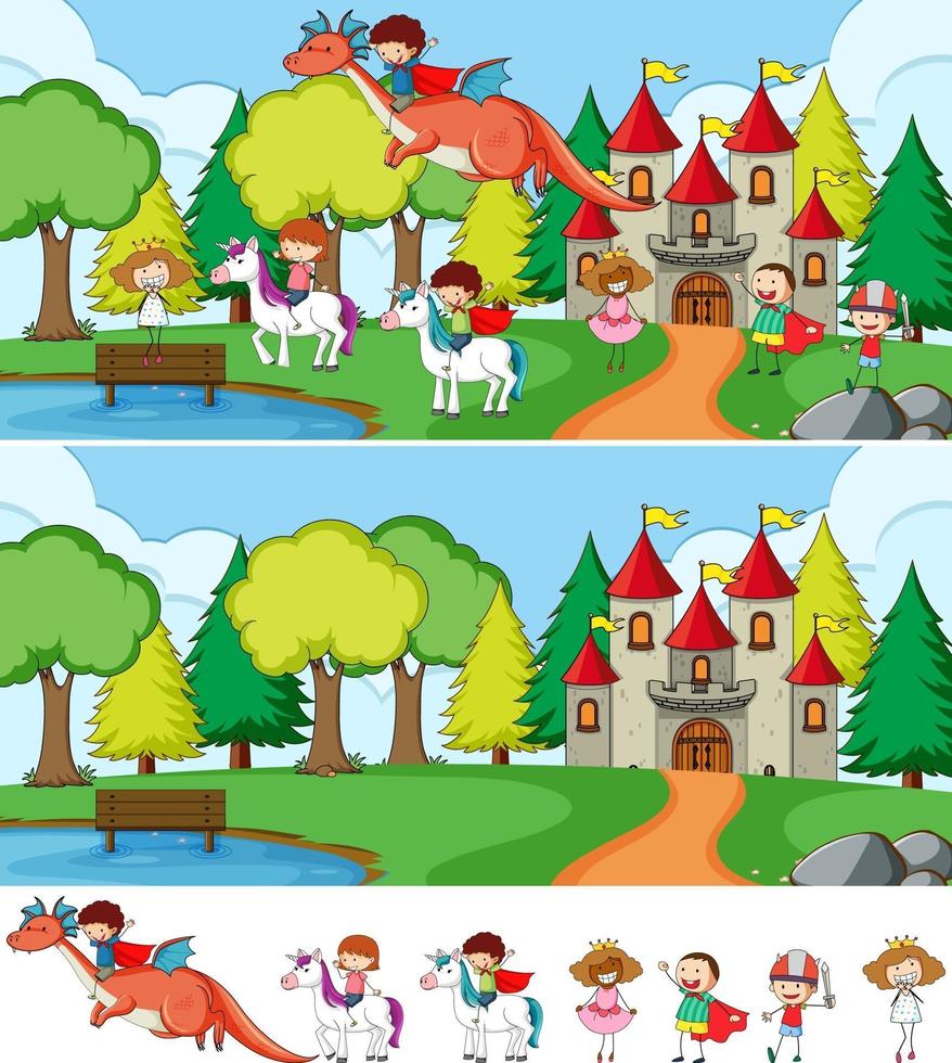 Conjunto de fondo de diferentes escenas horizontales con personaje de dibujos animados de niños doodle vector